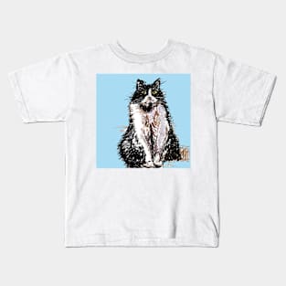 Tuxedo Cat Cute Drawing - on Blue Kids T-Shirt